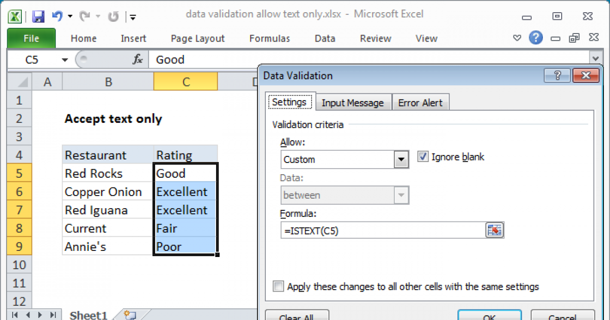 allow only text in excel cell